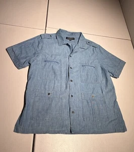 J Peterman Shirt Men’s Large Button Up Blue Chambray Safari Pockets Short Sleeve - Picture 1 of 9