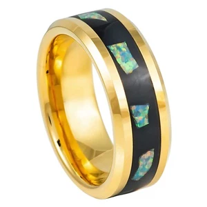 Yellow Gold IP 8mm Men's Tungsten Ring Beveled Edge Abalone Fragments Inlay - Picture 1 of 4