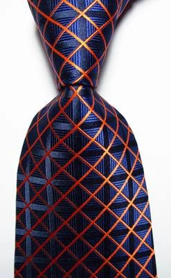 New Classic Checks Gold Dark Blue JACQUARD WOVEN 100% Silk Men's Tie Necktie - Image 1 of 2