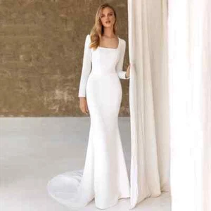 Simple Mermaid Wedding Dresses Long Sleeves Square Neck Zipper Back Bridal Gowns - Picture 1 of 8