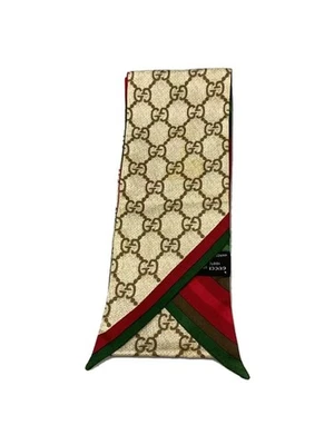 Gucci Seda Cuello Lazo Bufanda GG Monograma Beige y Rojo Verde Rayas Logo  Foto 1 de 3