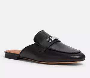 Coach 10 Loafer Flats Black Leather Slip On Shea Slides Mules Silver Logo Shoes - Picture 1 of 12