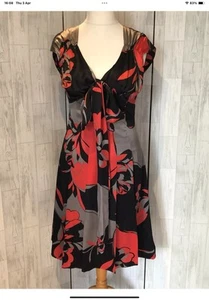 Ted Baker Red, Black + Silver Silk Tie Neck Fit & Flare Dress Sz3 Uk12 VGC E/F - Picture 1 of 12