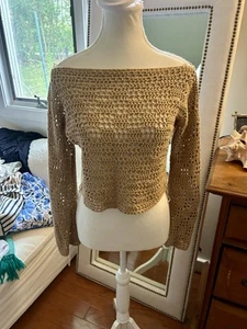 Women’s Luxury Handmade Crotchet Mesh Tan Cropped Sweater - Foto 1 di 10
