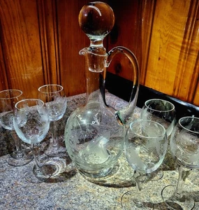 Vintage Romanian Crystal Decanter Set w/ Stopper & 6 Etched Grapevine Goblets - Picture 1 of 12