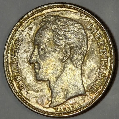 VENEZUELA 1954 PLATA 50 CENTIMOS KM-36 N-2971 BU, PEGAMENTO O CAPA TRANSPARENTE RESIDUO OBV Foto 1 de 4