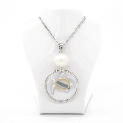 Stainless Steel Tri Color Hawaiian Sea Turtle w/Freshwater Pearl Necklace - Image 1 of 2