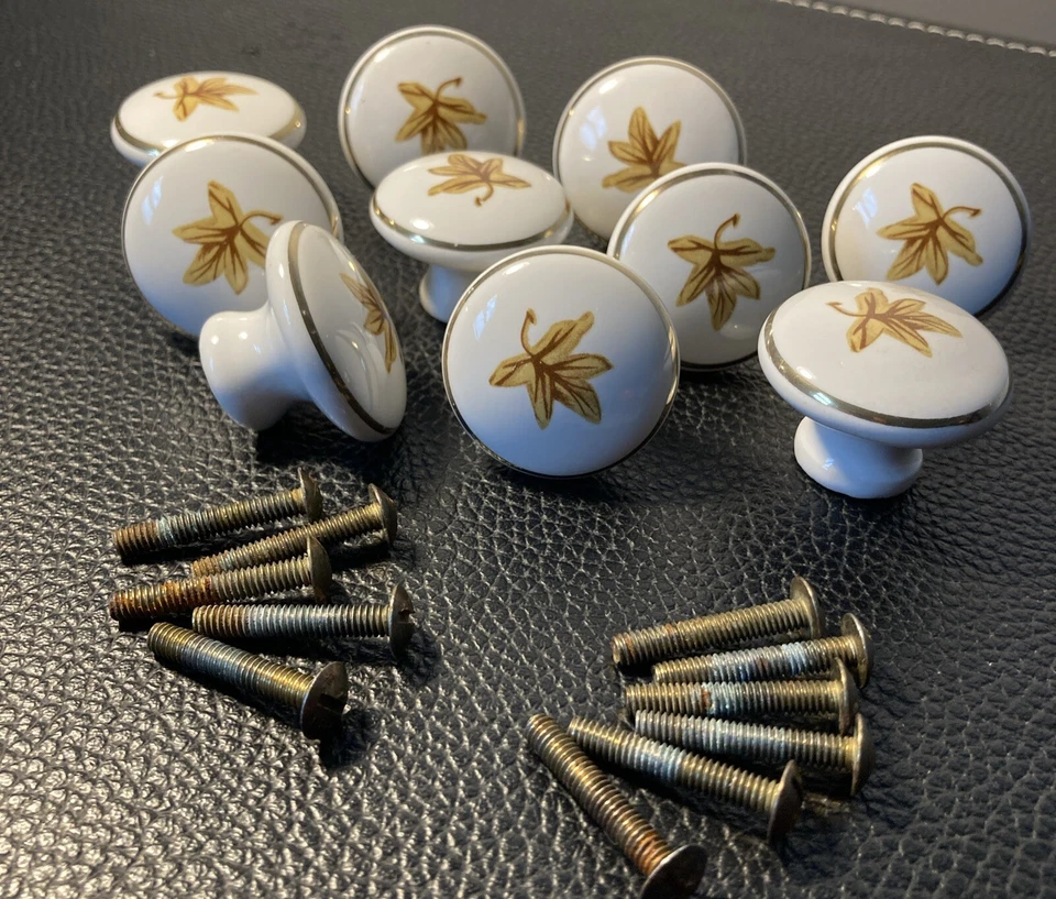 Perilla de cajón de porcelana vintage tira hoja de arce dorado con tornillos — Lote de 10 Foto 1 de 4