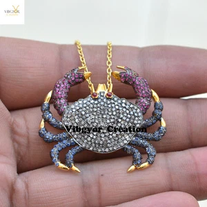Ciondolo Granchio Diamante Pavimentazione Rubino Zaffiro Gioielli Placcato Oro Collana Argento 925 - Foto 1 di 6