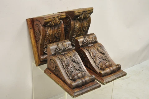 Oak Wood Victorian Style Leafy Scroll Corbels Bracket Wall Shelf - Set of 4 Cover