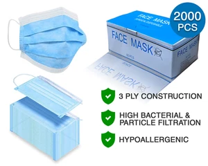 Premium 3-Ply Face Masks - Disposable, Breathable, Blue - BULK (2000 PCS) - Picture 1 of 5