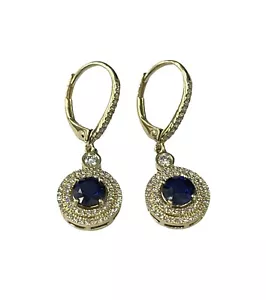 Natural Blue Sapphire Double Halo Diamond Earrings Yellow Gold - Picture 1 of 3