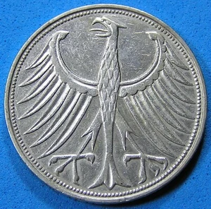 Germany 5 Mark .625 Silver Coin 1951 G, Large Eagle KM-112.1, 29mm, Combined S/H - Foto 1 di 4