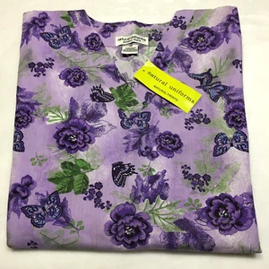 Natural Uniforms Scrub Top 2X Women's Purple Floral Butterflies Pockets Bust 55" - Picture 1 of 5