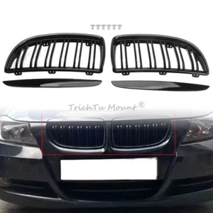 Gloss Black Front Kidney Grill Grille Bumper For BMW 3-Series E90 E91 2005-2008 - Picture 1 of 21