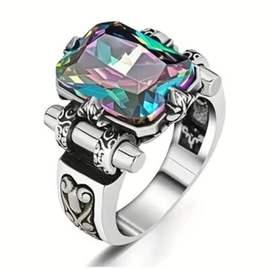 925 Sterling Silver Rainbow Mystical Fire Topaz Wedding Engagement Ring Size 7 - Picture 1 of 3