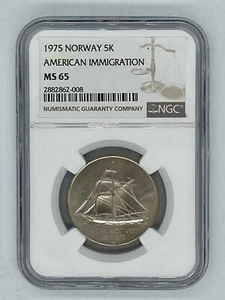 Norvegia Olav V 1975 5 corone immigrazione americana NGC MS 65 - Foto 1 di 2