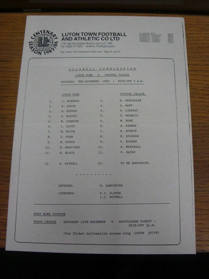 08/11/1986 Luton Town Reserves v Crystal Palace Reserves  (single sheet, folded) - Image 1 of 1