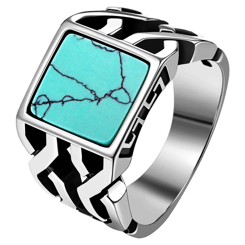 Mens 14MM Width Square Turquoise Stone Stainless Steel Ring Biker Band Size 7-13 Foto 1 de 1