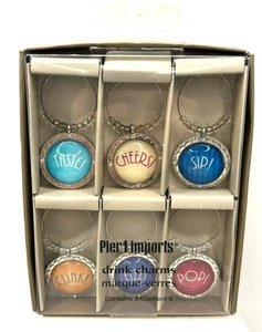 Pier 1 Imports Wine Glass Dome Words Crystal Rhinestone Drink Charms Set Of 6 - Picture 1 of 18