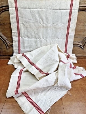 ANCIEN GRAND COUPON DE TOILE DE LIN A TORCHON 4 METRES X 61 CM CHEMIN DE TABLE - Photo 1/4