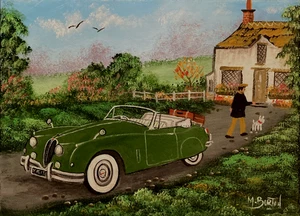 "Away for the Weekend" Jaguar XK150 drophead car signed oil painting on canvas - Picture 1 of 4