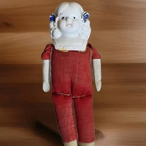 Antique Japan Porcelain Head Doll Sawdust Filled Cloth Body Bisque Limbs 6" - Picture 1 of 7