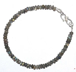 925 Fine Silver Labradorite Gemstone 5-5.5 mm Round Beads 8" Strand Bracelet UJ8 - Picture 1 of 5
