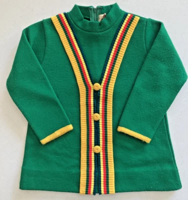 Vintage Little World Girls Green Yellow Stripe Knit Long Sleeve Dress 1970's - Image 1 of 4