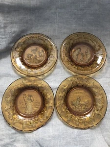 Tiara Indiana Glass Amber Nursery Rhyme Snack Luncheon Child’s Plates Set of 4 - Picture 1 of 12