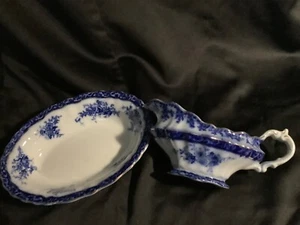 Tourmaine Blue Flow Cobalt Gravy Boat and Under Plate England By Stanley - Picture 1 of 8