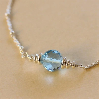 Collar de cadena de plata esterlina .925 cuentas redondas de topacio azul cielo bebé U&C Sundance  Foto 1 de 4