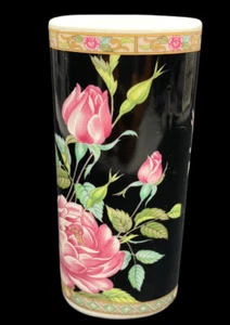 Vintage LEFTON Bud Vase Pink Roses On Black 1989 Oval Transferware Orig Sticker - Picture 1 of 7