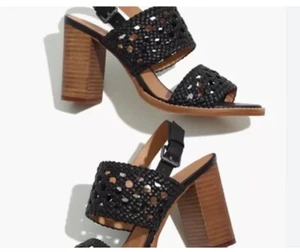 Madewell Basketweave Chunky High Heel Slingback Sandals Black Size 9.5 - Picture 1 of 3