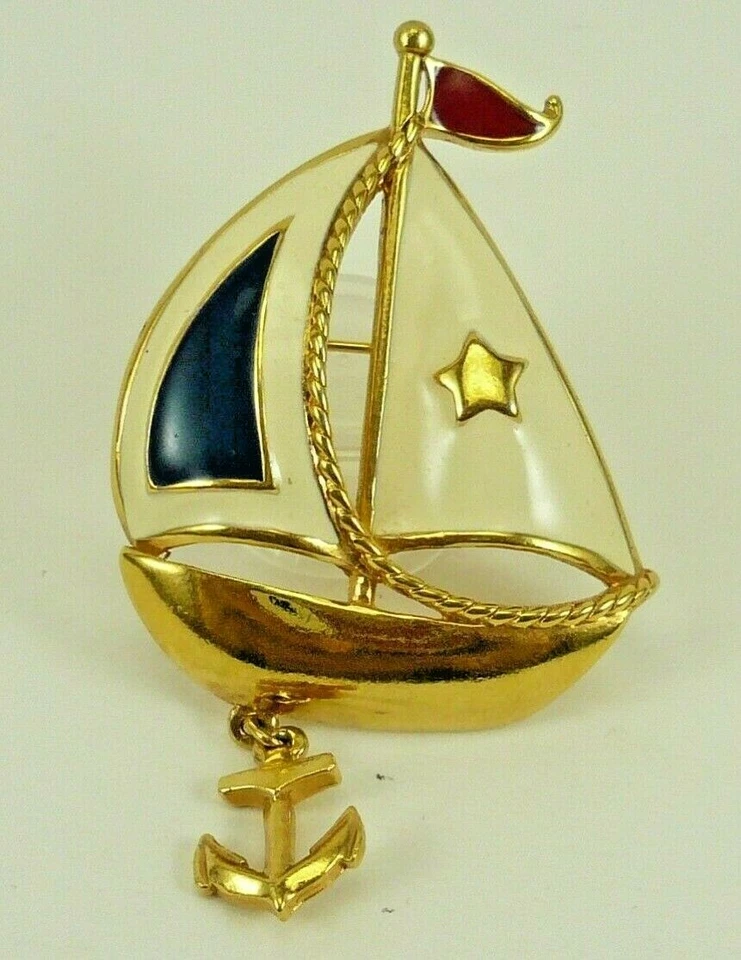 Broche dorado ancla velero esmaltado Avon de colección, firmado, barco de agua náutica Foto 1 de 4