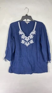 JM Collection Womens V Neck 3/4 Sleeve Embroidered Blue White Size 10 100% Linen - Picture 1 of 18