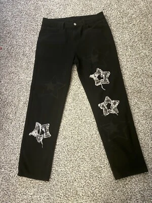 Men Black Denim Straight Leg Jeans White Stars Ripped Punk Casual Pants - Image 1 of 3