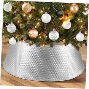 Metal Christmas Tree Collar Basket Skirt, 28''Christmas Tree Ring Silver - Picture 1 of 7