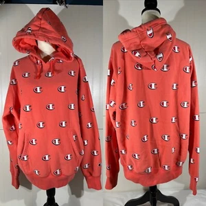 Men’s XL Champion Reverse Weave All Over Logo Print Papaya- Coral Heavy Hoodie - Picture 1 of 8