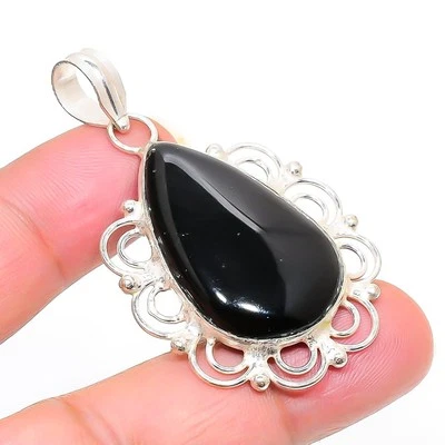 Colgante de piedras preciosas en forma de pera de ónix negro hecho a mano joy... - Imagen 1 de 4