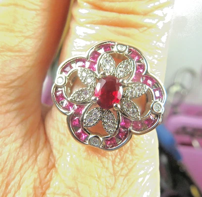 Lab-Created Ruby and Diamond Flower Ring 925 Sterling Silver, ring size adj. - Image 1 of 4