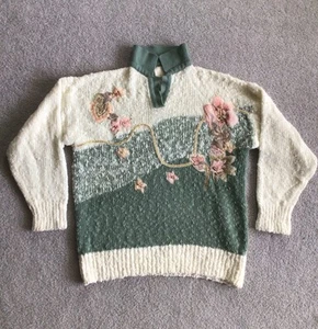 VTG Needles And Yarn Sweater Womens L Multicolor Floral Beads Embroidered - Picture 1 of 7