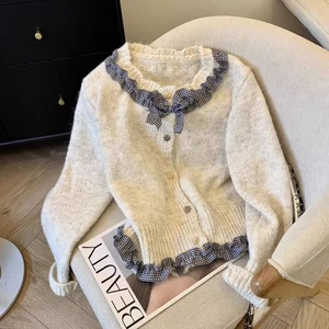 Wooden Ear Stitching Round Neck Knit Cardigan Womens Autumn New Bow Sweater - Picture 1 of 23