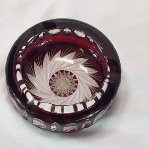 VTG Bohemian 6” Ruby Red Cut To Clear Glass Ashtray Trinket Dish MCM Star -FLAWS - Picture 1 of 14