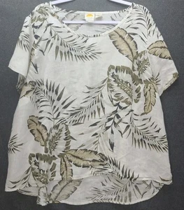 CC California Damen Boho 100% Leinen Top Boxy Blätter Print weiß grün 2X - Bild 1 von 10