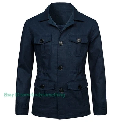 Men's Linen Safari Jacket Pockets Slim Fit Hunting Coat Casual Tops British - Image 1 of 4