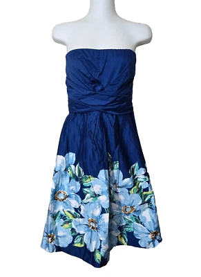 Donna Ricco Dress Womens 10 Blue Floral Cotton Strapless Party Cocktail - Image 1 of 4