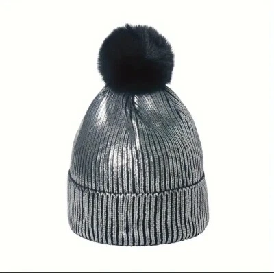 Women Metallic Beanie Hat Fashion Skull Cap Knit Cuffed Watch Silvery Stretch - Image 1 of 4