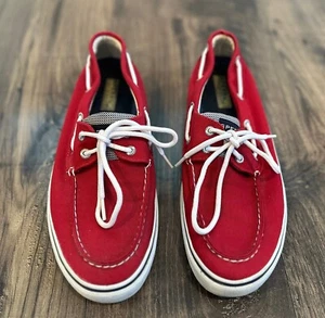 GUC Sperry Men’s Top Sider Red Denim Canvas Boat Shoes, Size: 10 1/2 M - Picture 1 of 7