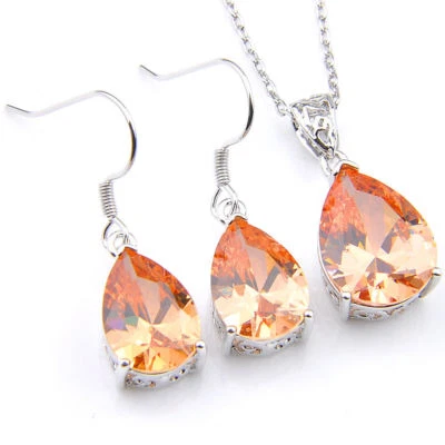 Jewelry SET Oval Cut Honey Brazil Citrine Gems Silver Pendant Earrings + Chain - Image 1 of 4